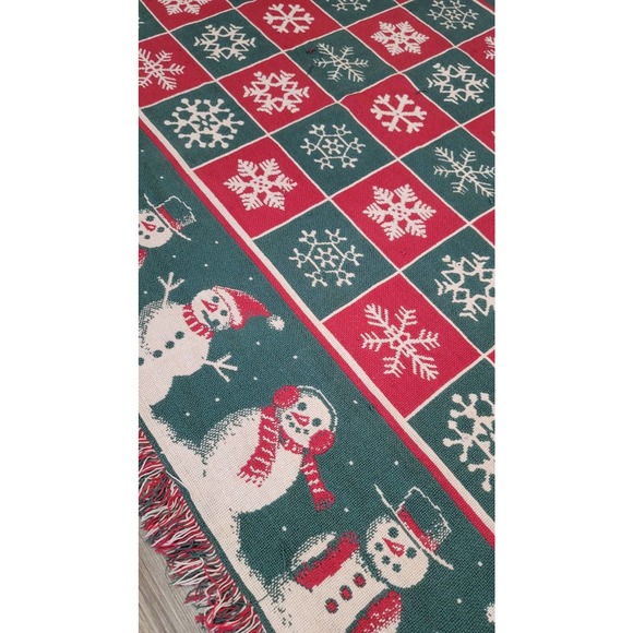 Vtg CHRISTmas Snowman Snowflake Reversible Woven Tapestry Blanket Fringe - Picture 3 of 3